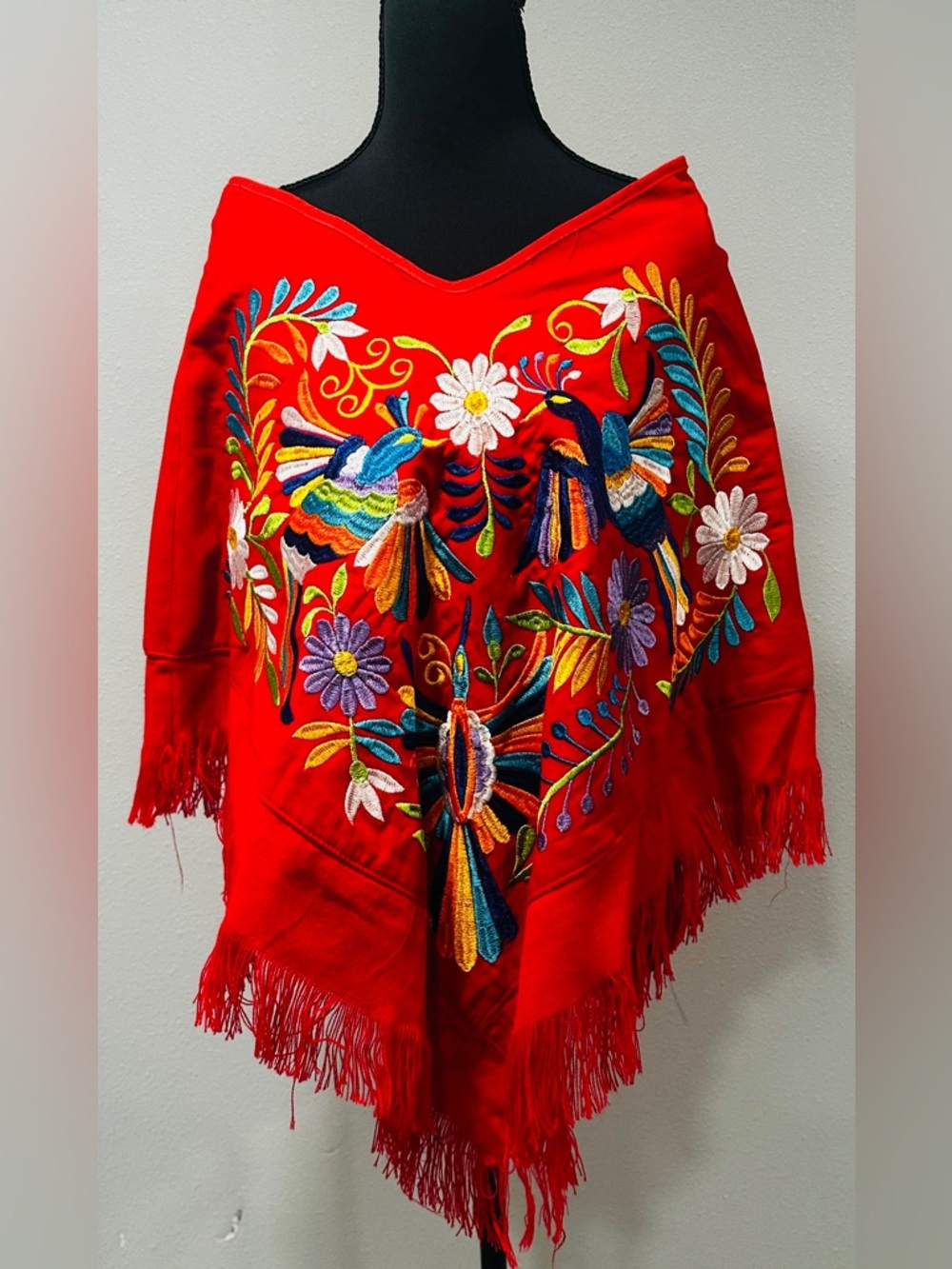 Embroidered Red Fringe Wrap Shawl
